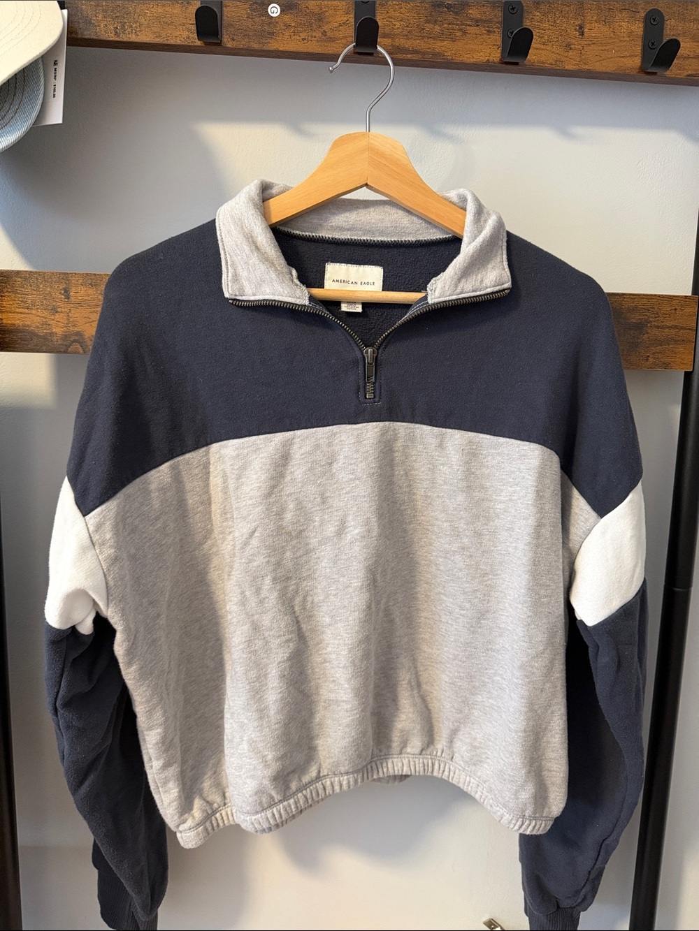 American Eagle Outfitters Navy and Light Gray Colorblock Quarter-Zip Sweater